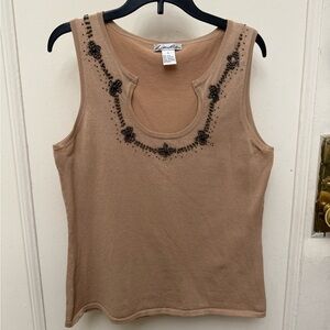 Vintage Y2K Tan Beaded Embellished Sleeveless Top Notched Scoop Neckline